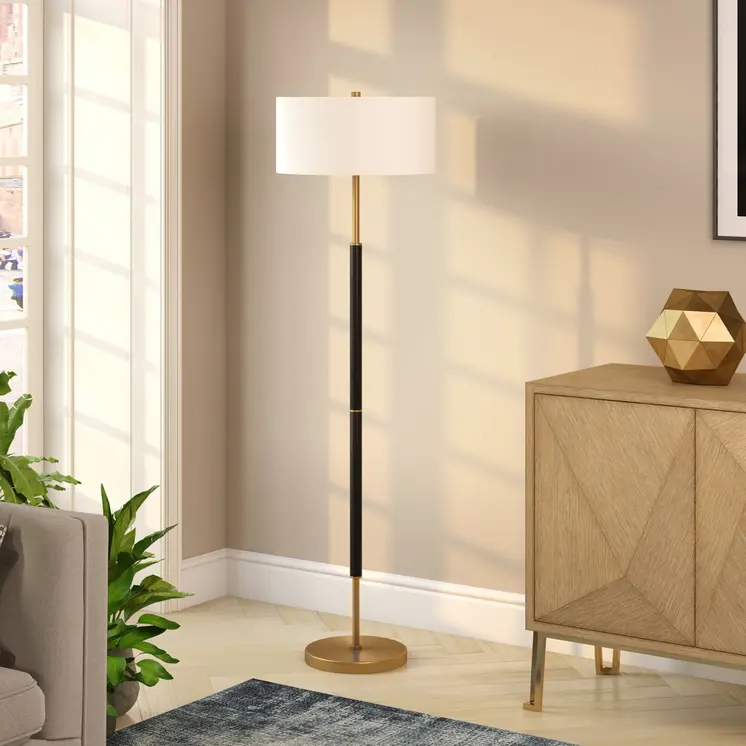 61" Gold And White Two Light Floor Lamp With White Fabric Drum Shade