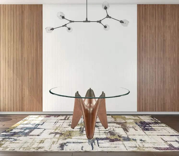 59" Clear And Brown Rounded Glass And Solid Manufactured Wood Pedestal Base Dining Table