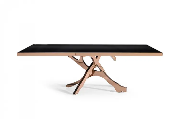 87" Black And Gold Glass And Stainless Steel Pedestal Base Dining Table