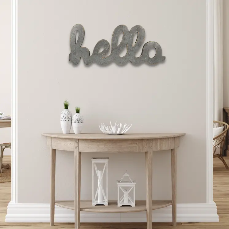 12" X 28" Gray Handcrafted Abstract hello Metal Wall Decor