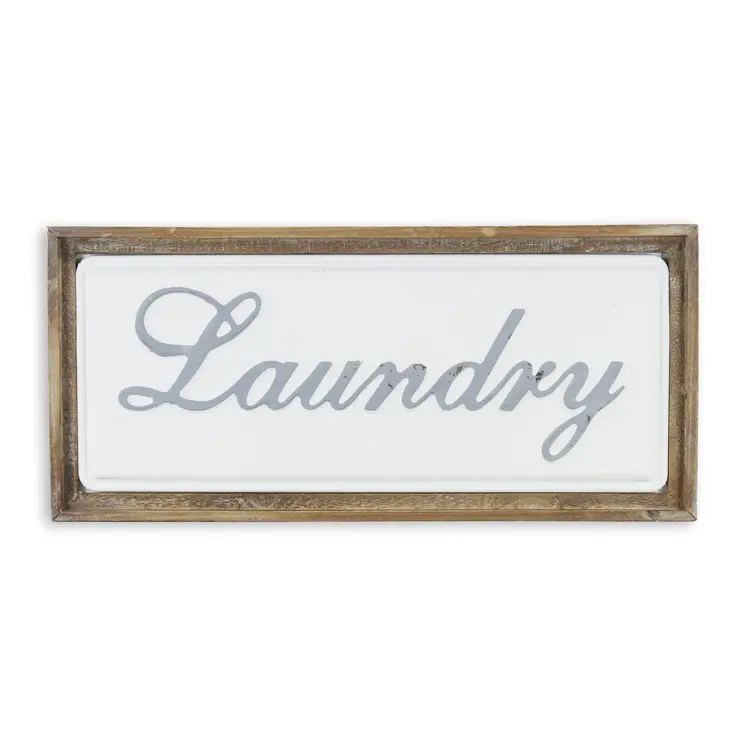 11" X 24" Brown and White Laundry Wood and Metal Wall Decor