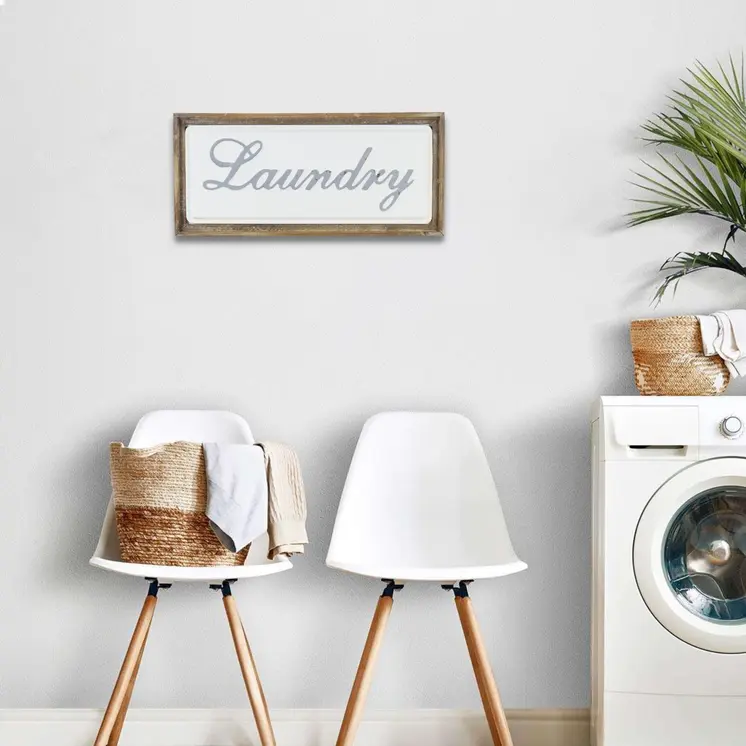 11" X 24" Brown and White Laundry Wood and Metal Wall Decor