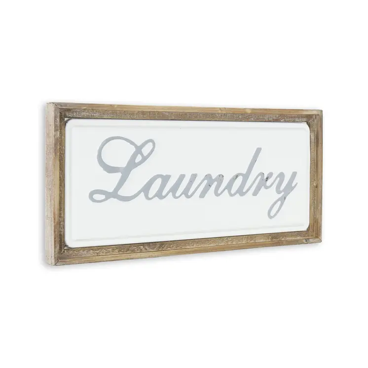 11" X 24" Brown and White Laundry Wood and Metal Wall Decor