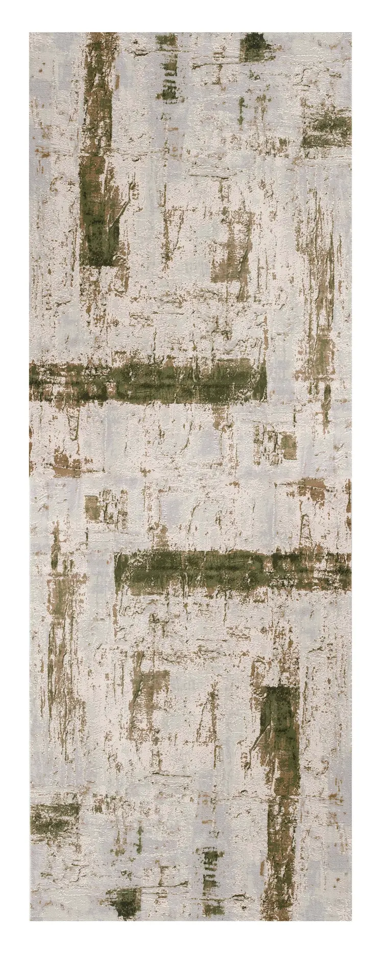 8' Ivory and Green Abstract Power Loom Distressed Runner Rug