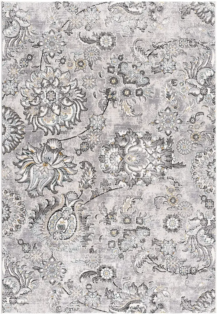 20' Gray And Ivory Floral Shag Runner Rug