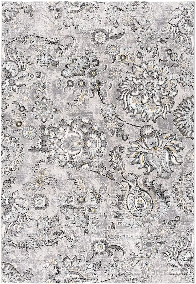 20' Gray And Ivory Floral Shag Runner Rug