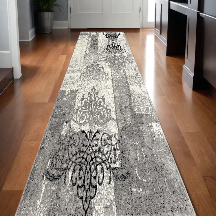 10' Gray And Ivory Damask Shag Runner Rug