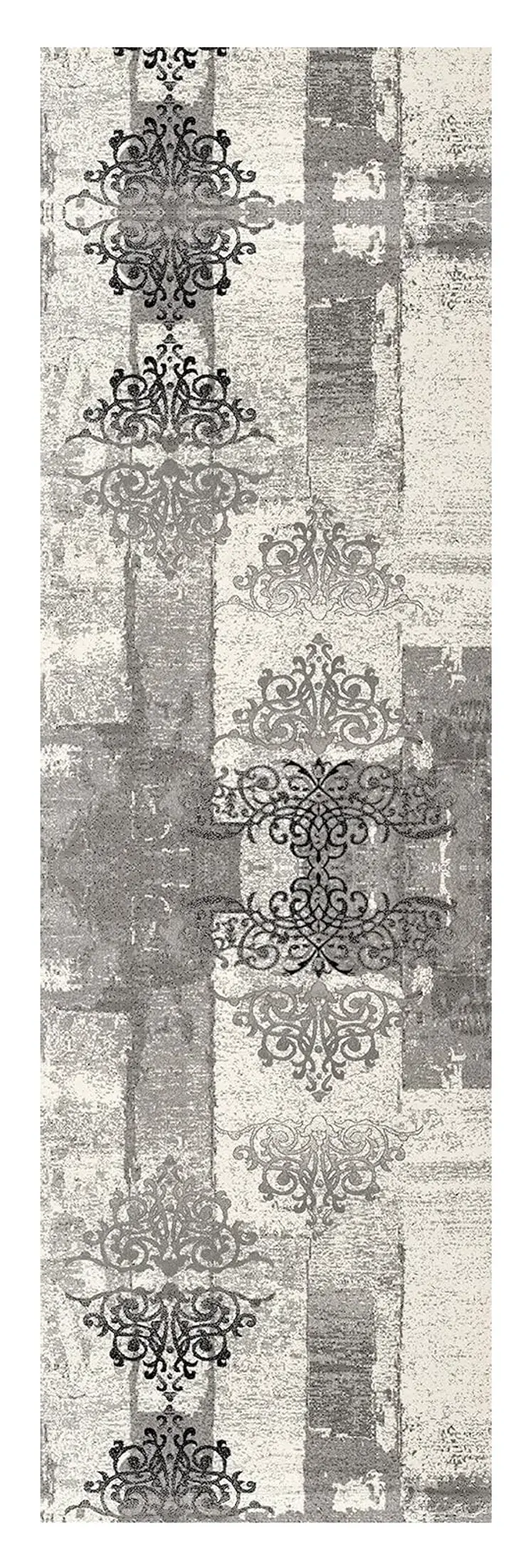 13' Gray and Ivory Damask Power Loom Distressed Runner Rug