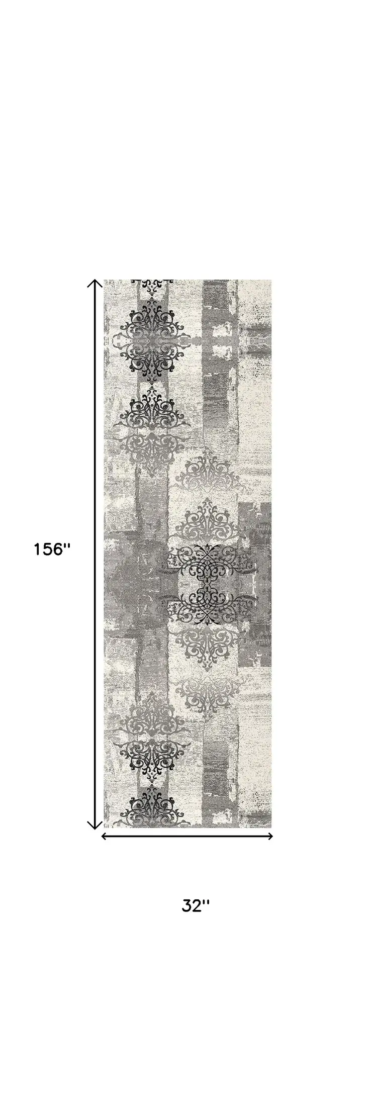 13' Gray and Ivory Damask Power Loom Distressed Runner Rug