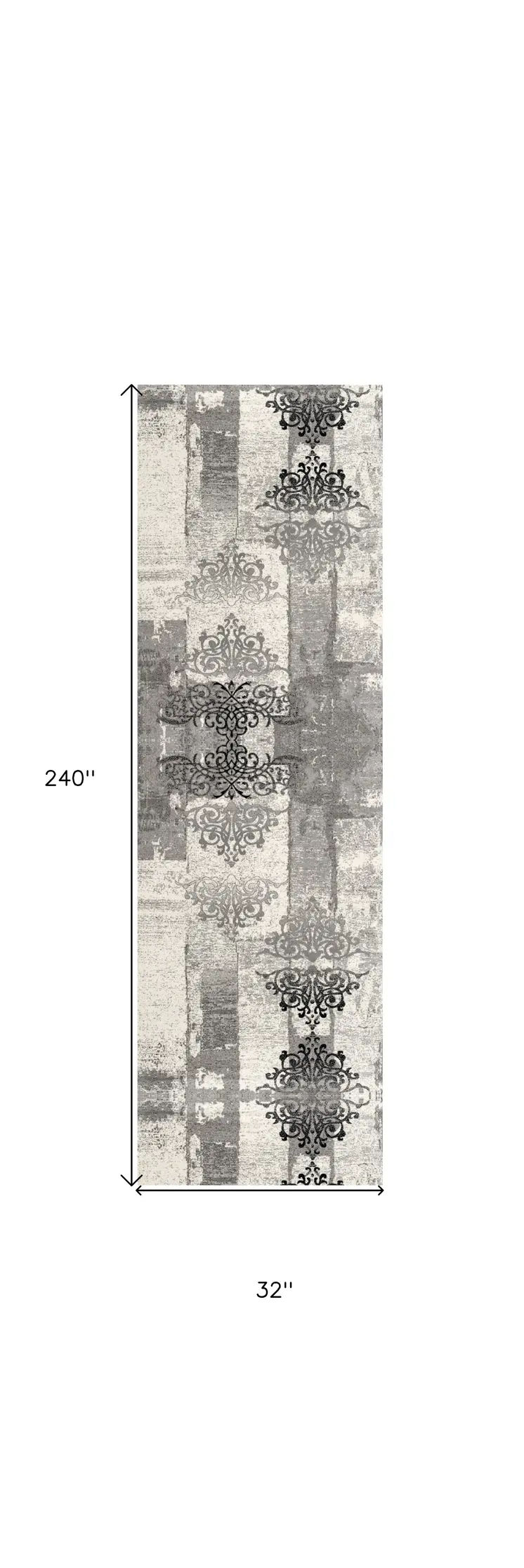 20' Gray and Ivory Distressed Damask Runner Rug