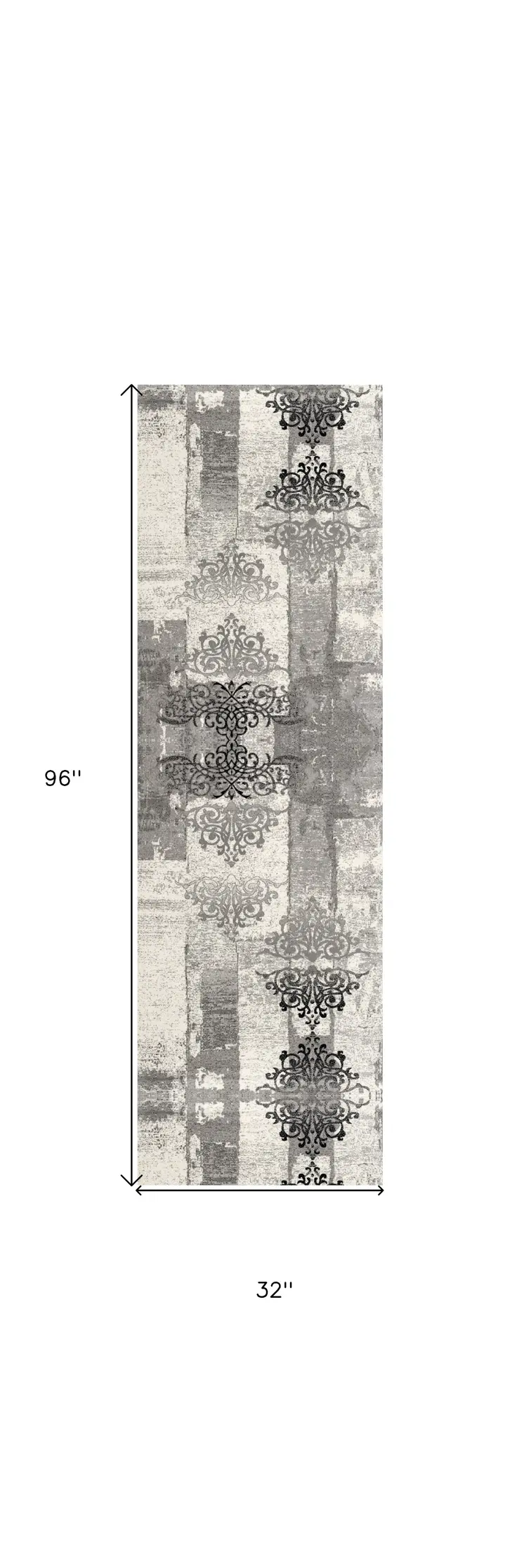 8' Gray and Ivory Damask Power Loom Runner Rug