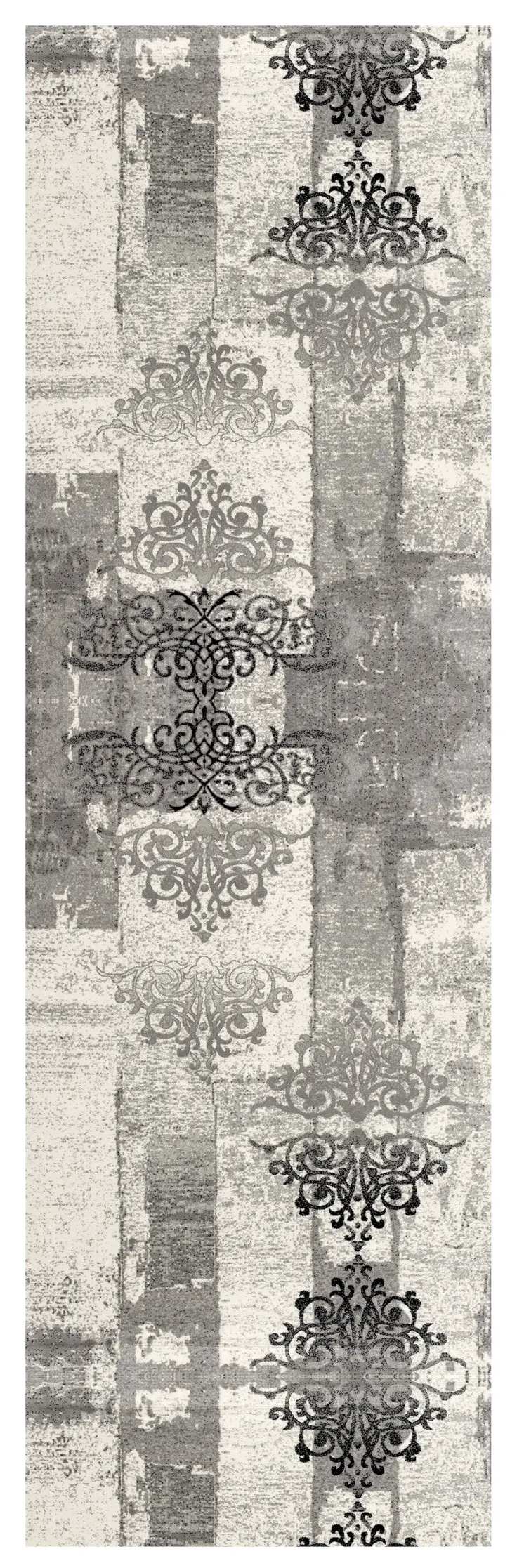 8' Gray and Ivory Damask Power Loom Runner Rug