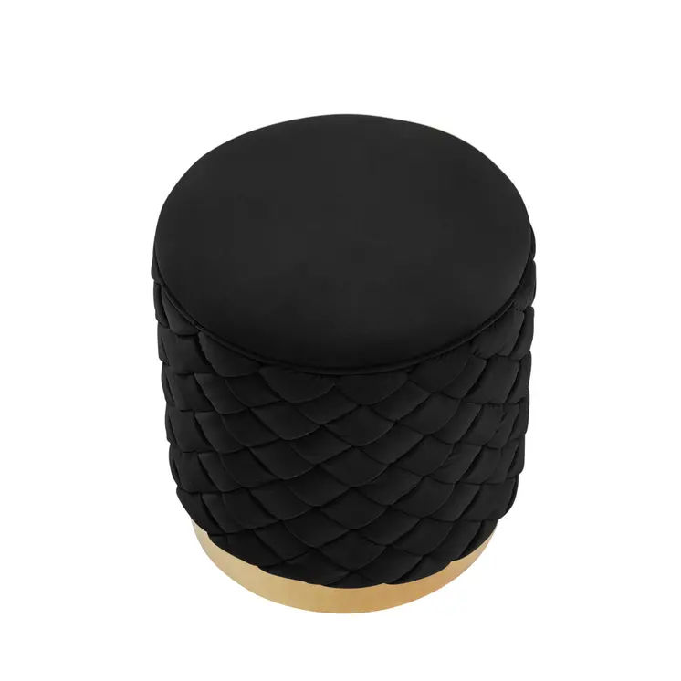 15" Black Velvet And Gold Round Ottoman