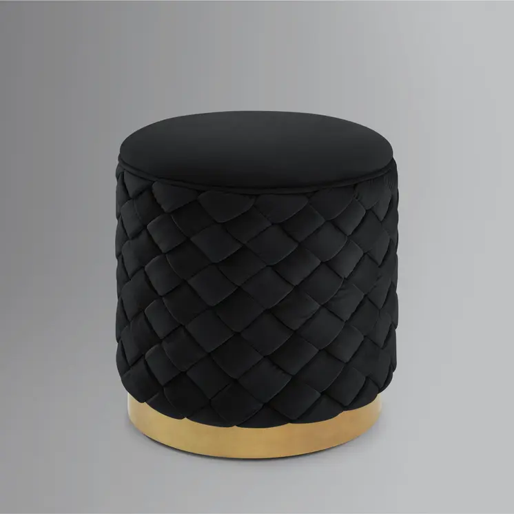 15" Black Velvet And Gold Round Ottoman