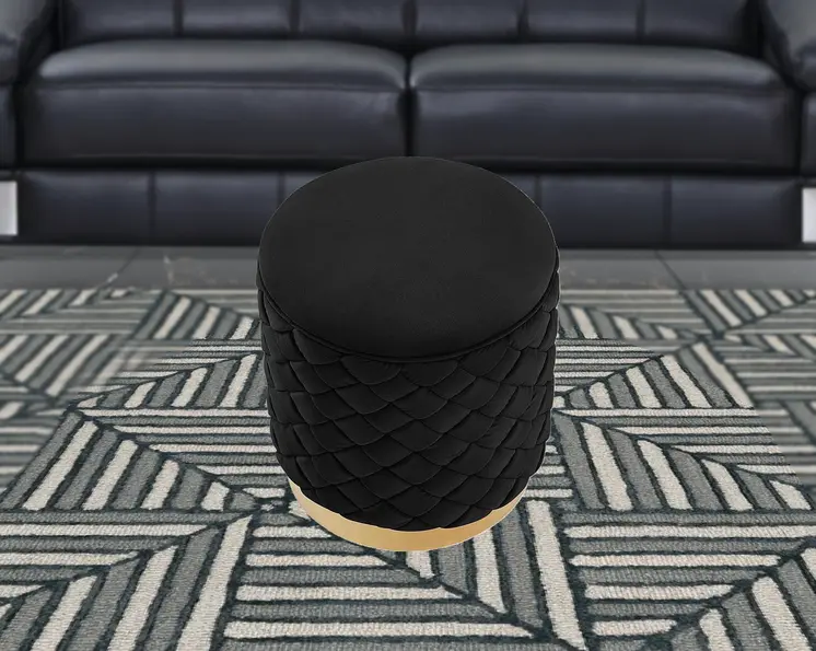 15" Black Velvet And Gold Round Ottoman