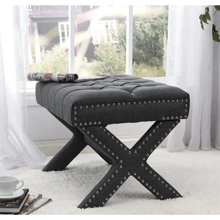 20" Gray Linen Tufted Ottoman