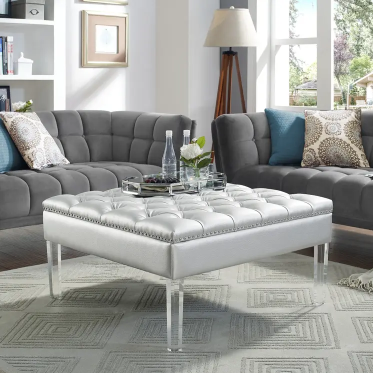 35" Silver Faux Leather And Clear Tufted Cocktail Ottoman