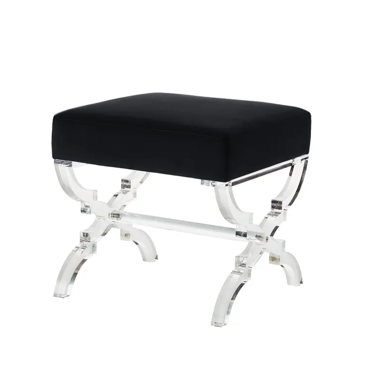 18" Black Velvet And Clear Ottoman