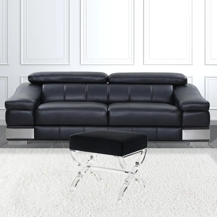 18" Black Velvet And Clear Ottoman