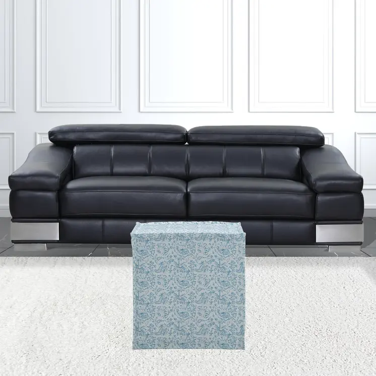 18" Blue Linen Floral Ottoman