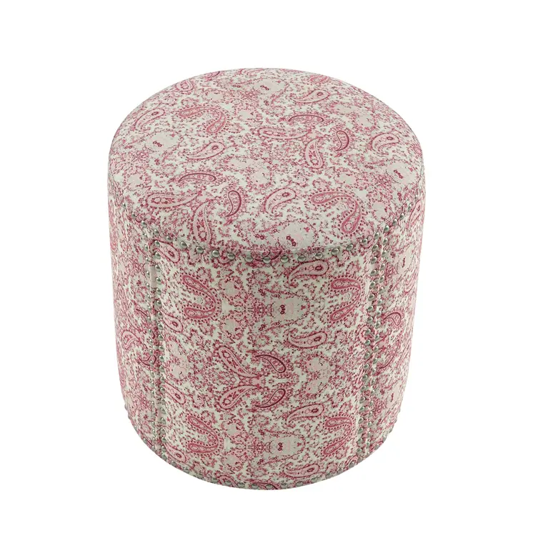 18" Red Linen Round Floral Ottoman