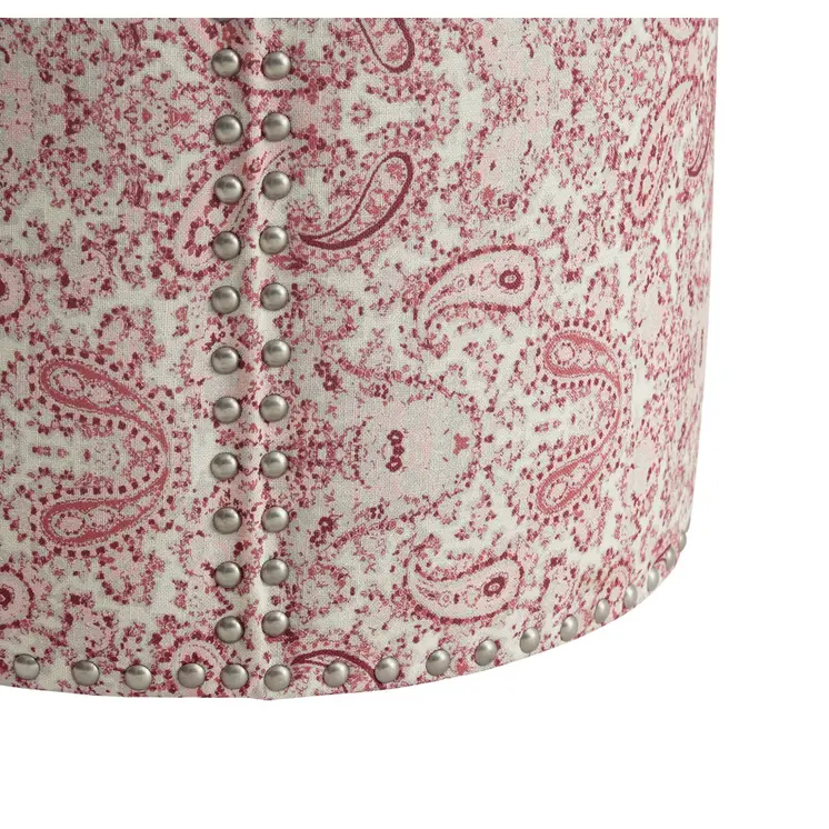 18" Red Linen Round Floral Ottoman