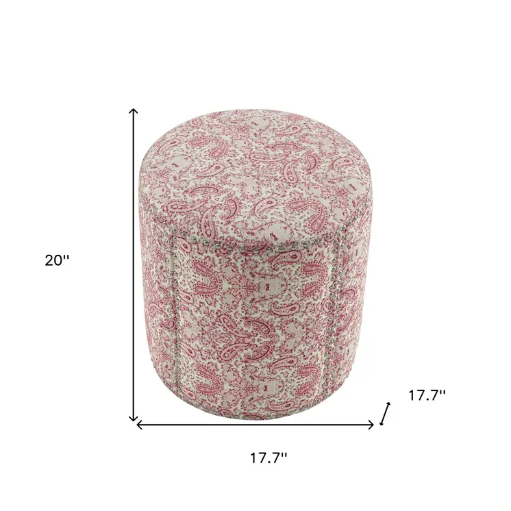 18" Red Linen Round Floral Ottoman