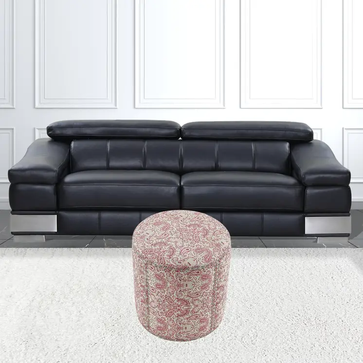 18" Red Linen Round Floral Ottoman