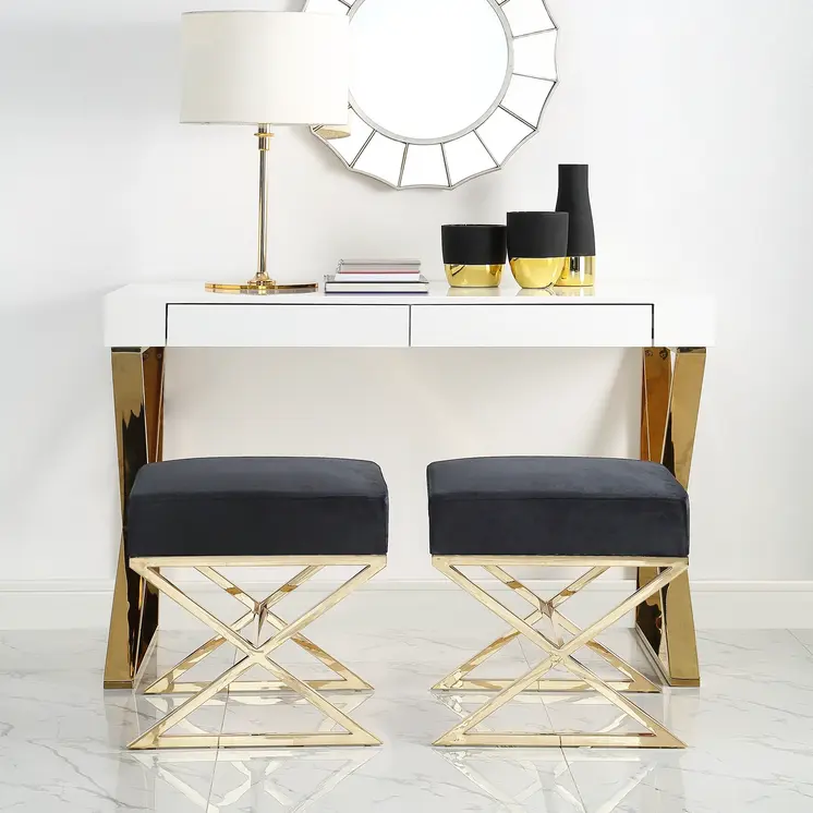 18" Black Velvet And Gold Ottoman
