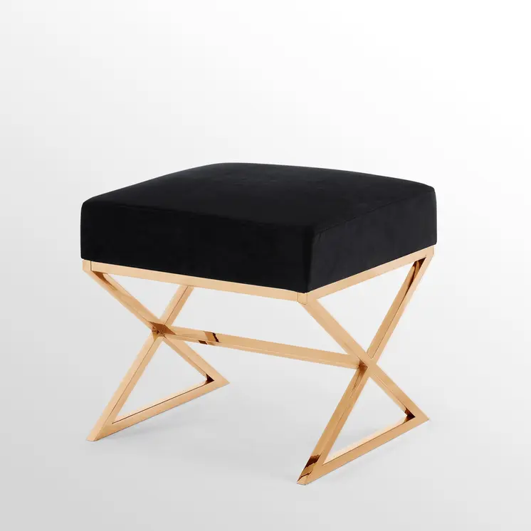 18" Black Velvet And Gold Ottoman