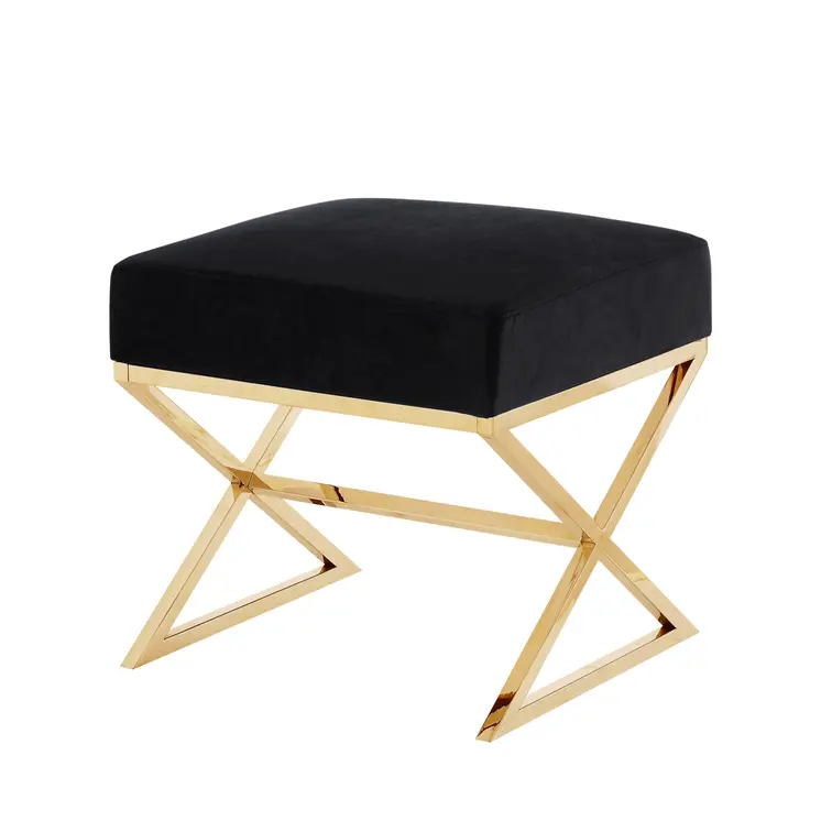 18" Black Velvet And Gold Ottoman
