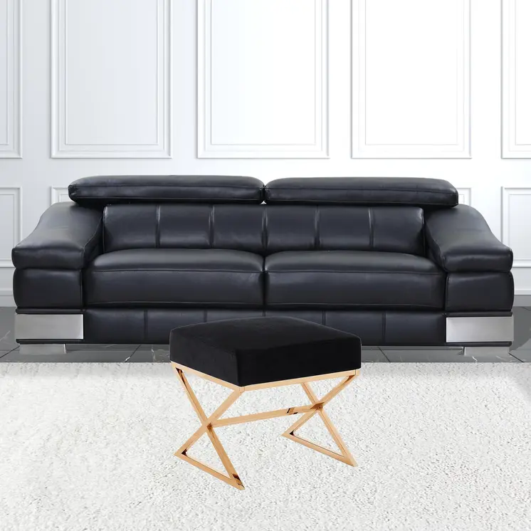 18" Black Velvet And Gold Ottoman