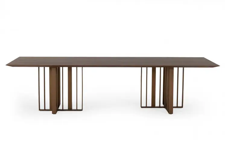 118" Brown And Brass Stainless Steel Double Pedestal Base Dining Table