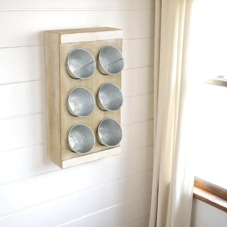 Set of Six Gray And Natural Galvanized Metal And Distressed Wood Wall Planter