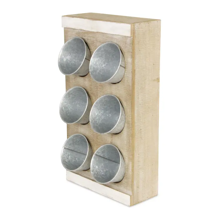 Set of Six Gray And Natural Galvanized Metal And Distressed Wood Wall Planter