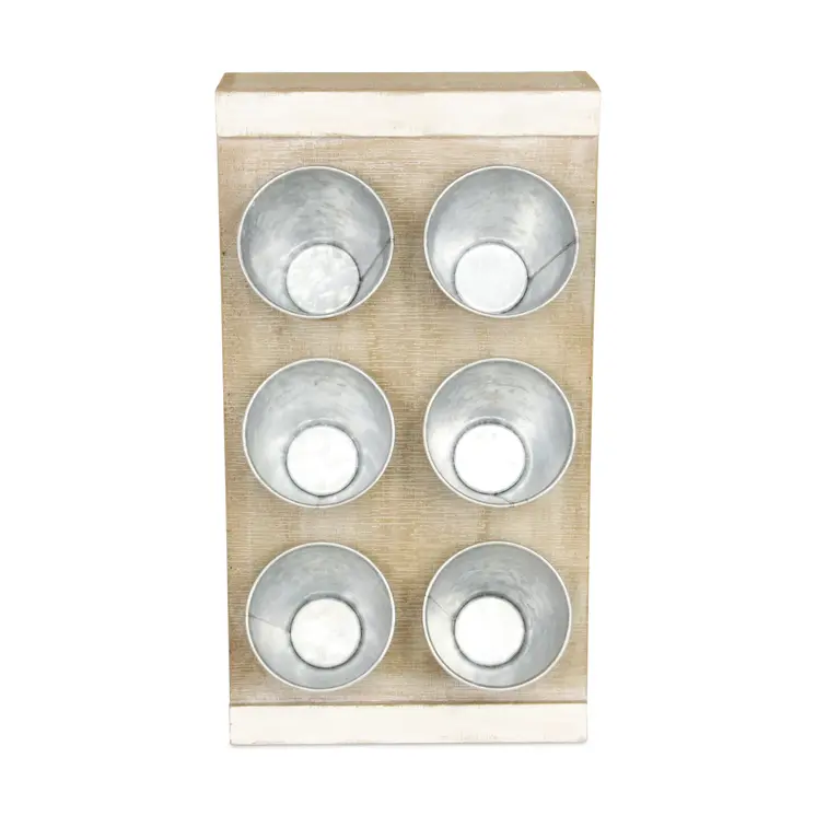 Set of Six Gray And Natural Galvanized Metal And Distressed Wood Wall Planter