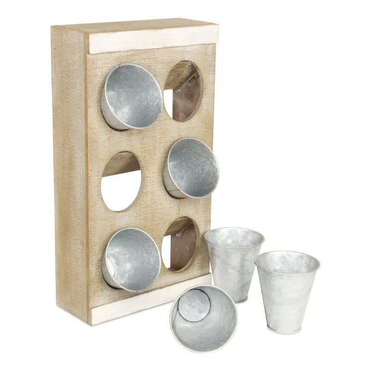 Set of Six Gray And Natural Galvanized Metal And Distressed Wood Wall Planter