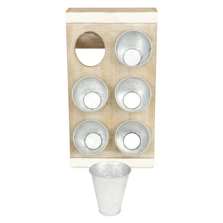 Set of Six Gray And Natural Galvanized Metal And Distressed Wood Wall Planter