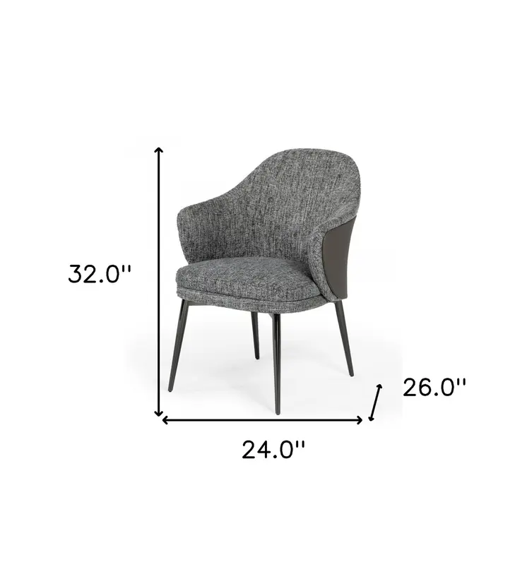 Gray and Black Upholstered Fabric And Faux Leather Wing Back Dining Arm Chair