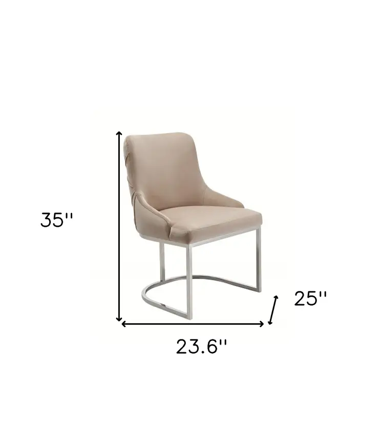 Set of Two Tufted Beige and Silver Upholstered Velvet Dining Side Chairs