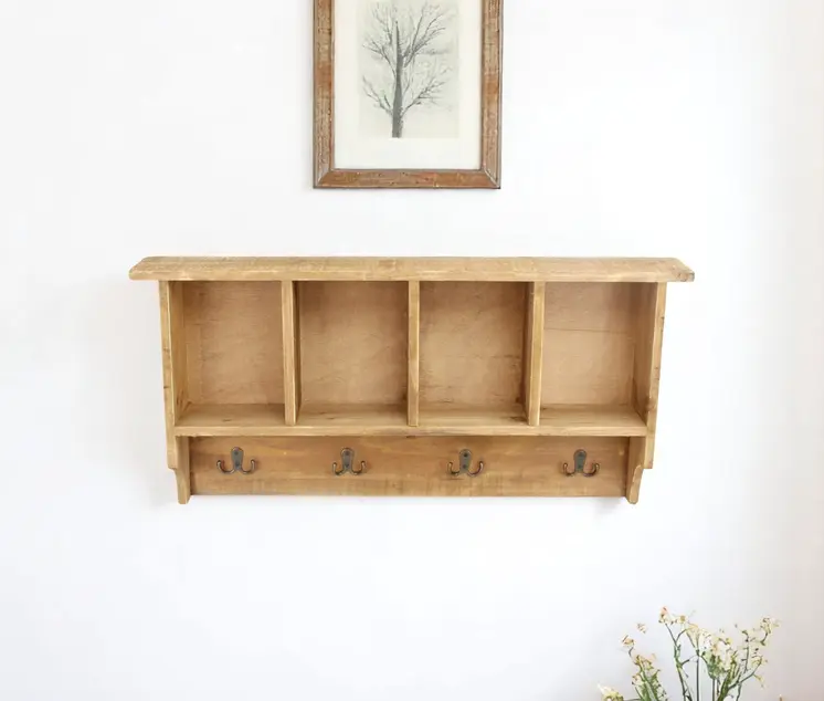 30" Natural Wood Four Hook Wall Mount Coat Rack