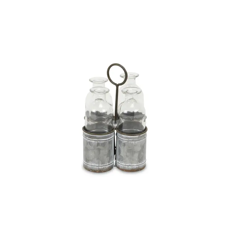 Set of Four Clear Galvanized Metal and Glass Decorative Bottle Tabletop Sculpture