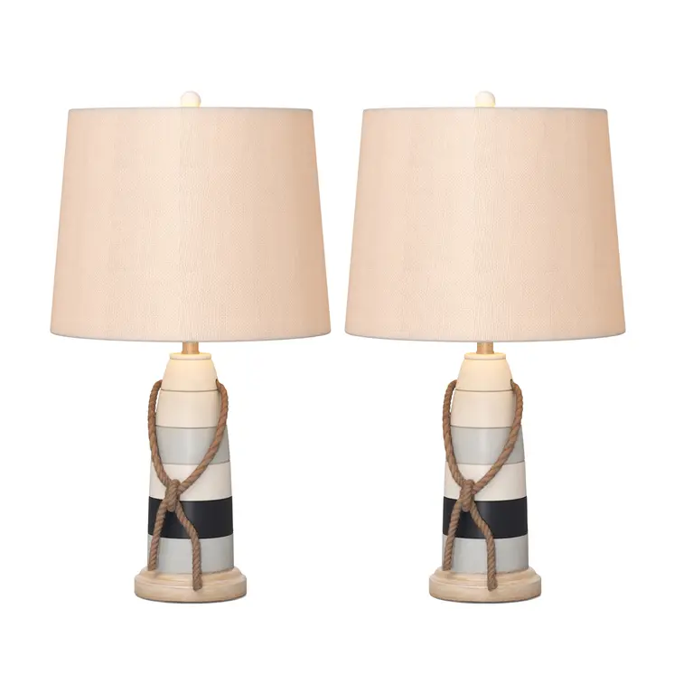 Set of Two 27" Natural White and Blue Novelty Table Lamp Coastal With Off White Empire Shade