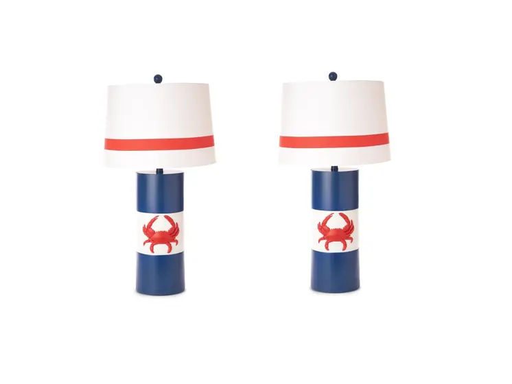 Set of Two 31" Red White and Blue Coastal Table Lamps With White Empire Shade