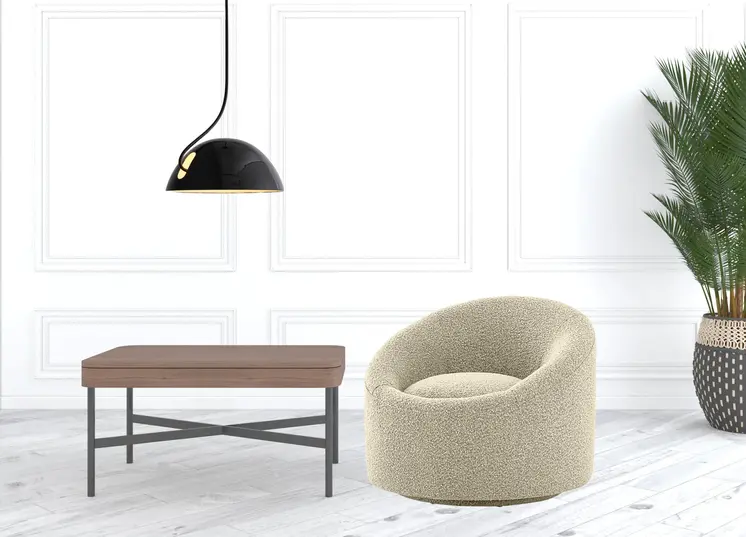 33" Beige Upholstered Swivel Barrel Chair