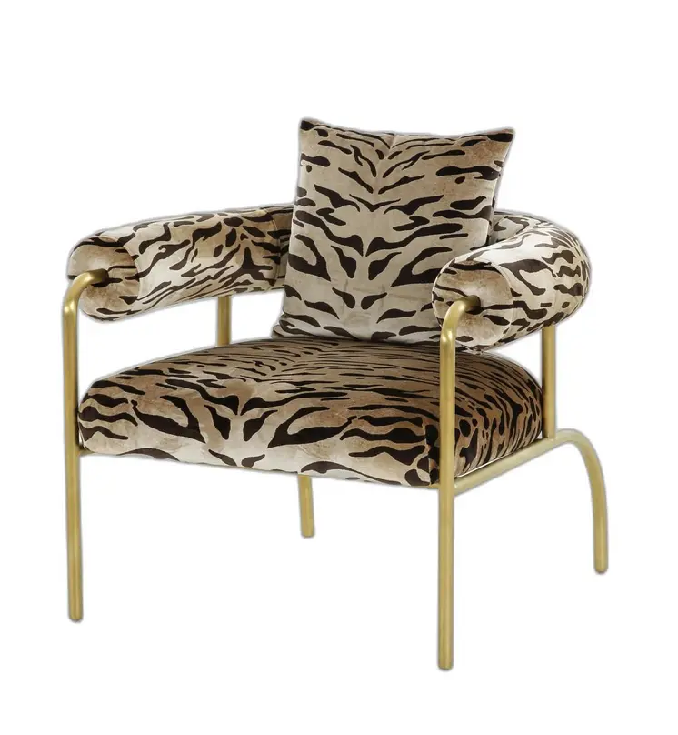 34" Beige And Black And Gold Upholstered Animal Print Barrel Chair