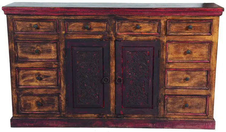 72" Brown Solid Wood Ten Drawer Buffet Table with Two Doors