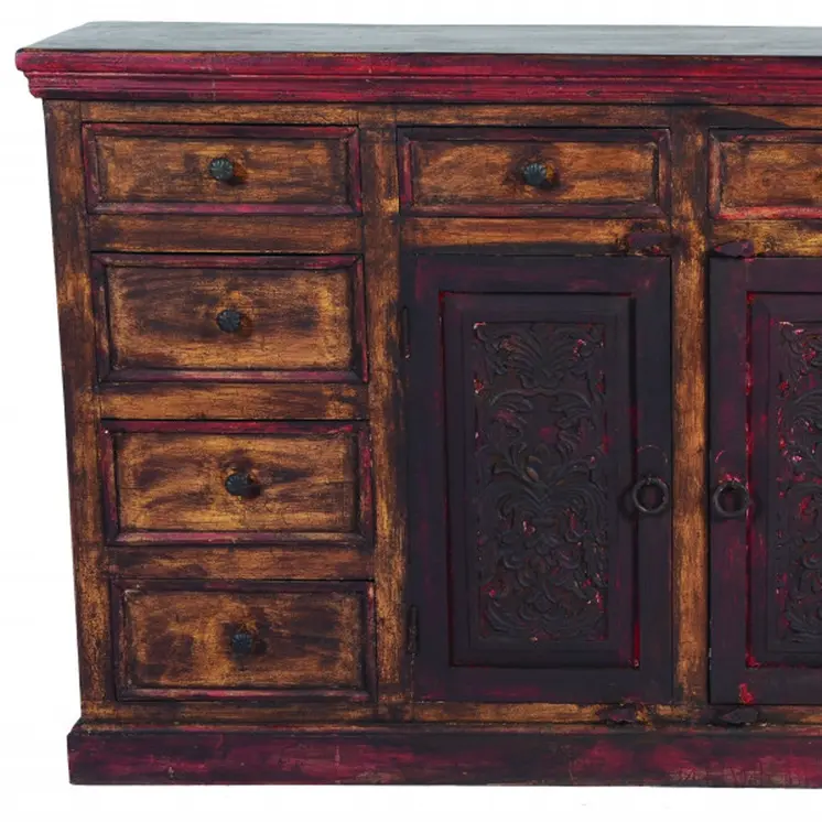 72" Brown Solid Wood Ten Drawer Buffet Table with Two Doors