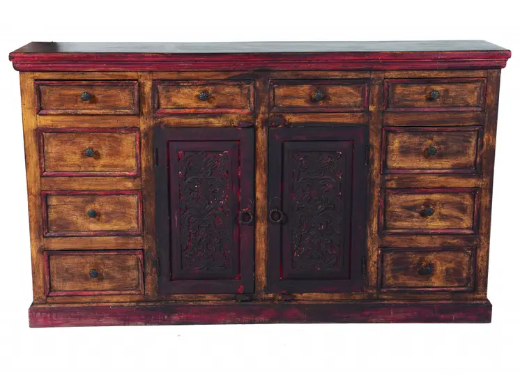 72" Brown Solid Wood Ten Drawer Buffet Table with Two Doors