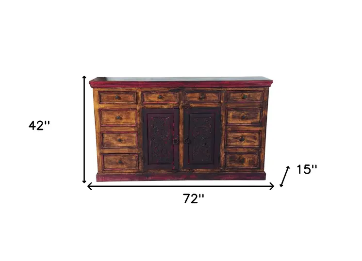 72" Brown Solid Wood Ten Drawer Buffet Table with Two Doors
